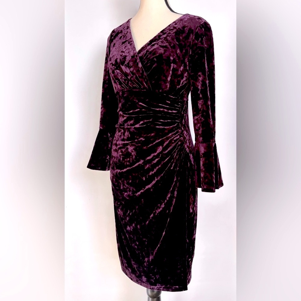 Lauren Ralph Lauren Crushed Velvet Ruched Bell Sleeve Whimsigoth Cocktail Dress